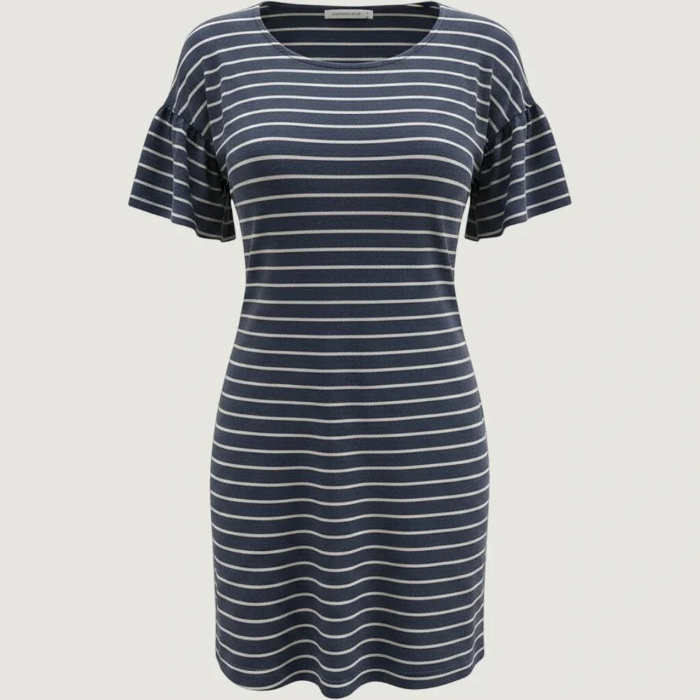 Garnet Hill Navy White Striped Flutter Sleeve Tencel Dress Medium